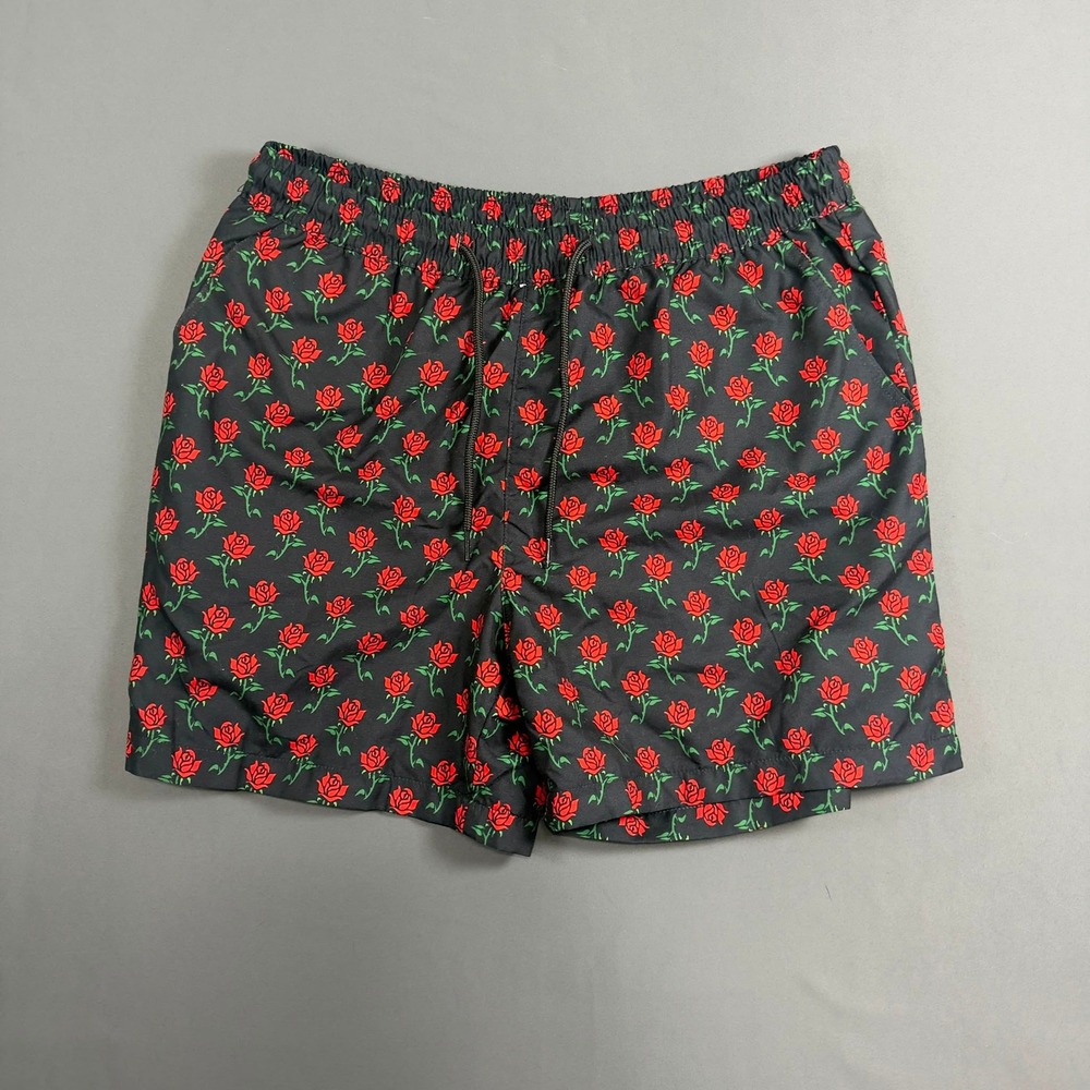 iHeartRaves Floral Print Swim Shorts Black Red Rose Festival Women's XL